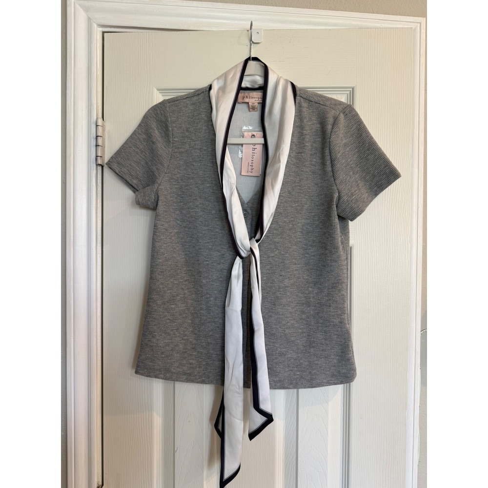 Philosophy Republic Clothing Grey Ribbed Knit Scarf Neck Top Sz S NEW